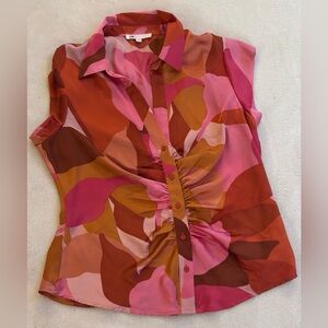 DR2 Modern Abstract Art Floral Top Blouse Ruched Button Front Women’s Sz Large
